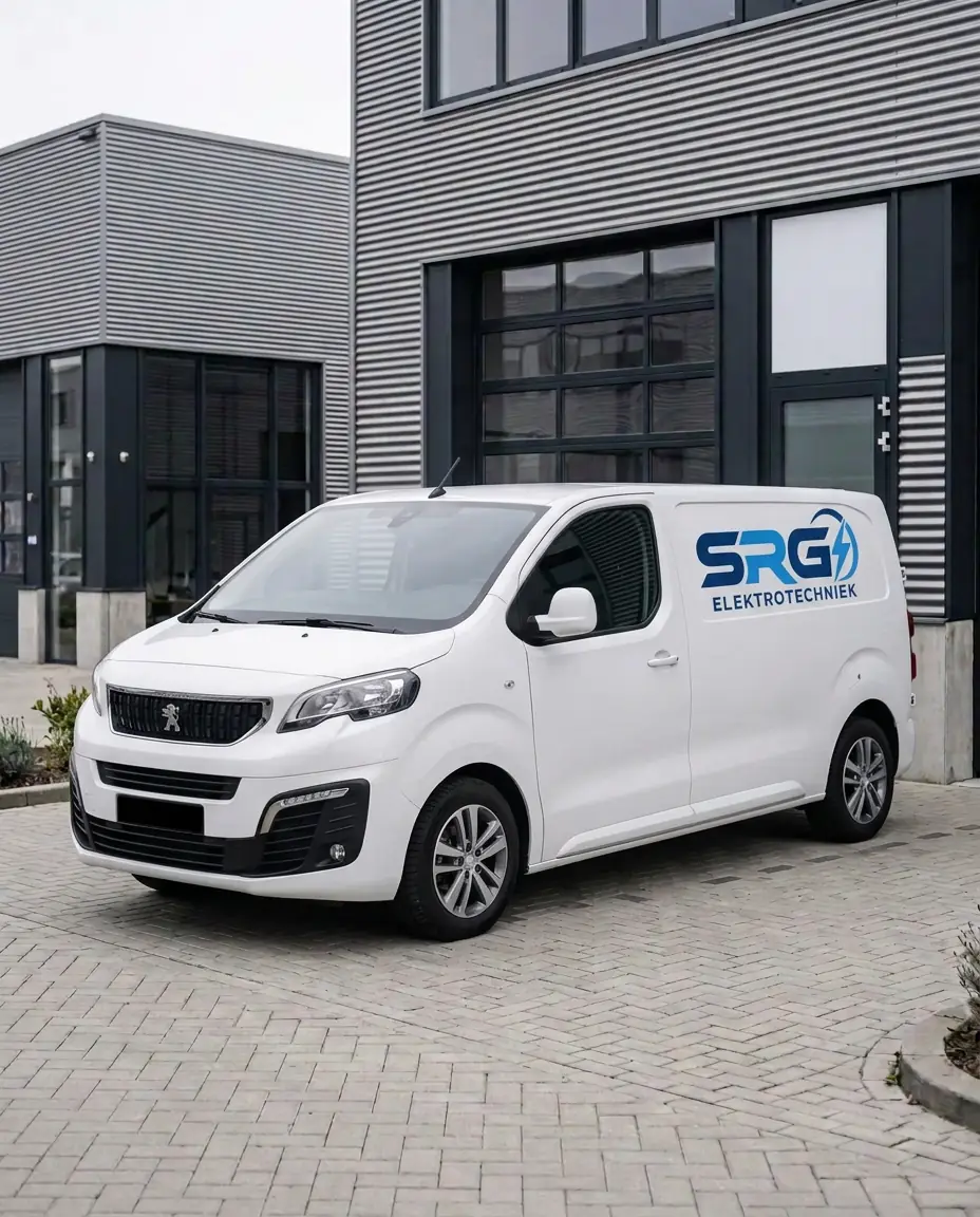 Witte SRG Elektrotechniek bedrijfsbus met logo op een bedrijventerrein