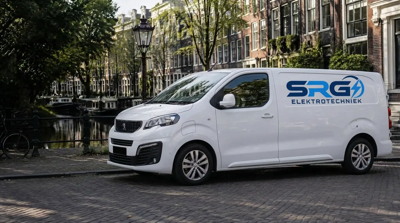 SRG Elektrotechniek in Amsterdam Witte SRG Elektrotechniek bedrijfsbus aan een Amsterdamse gracht