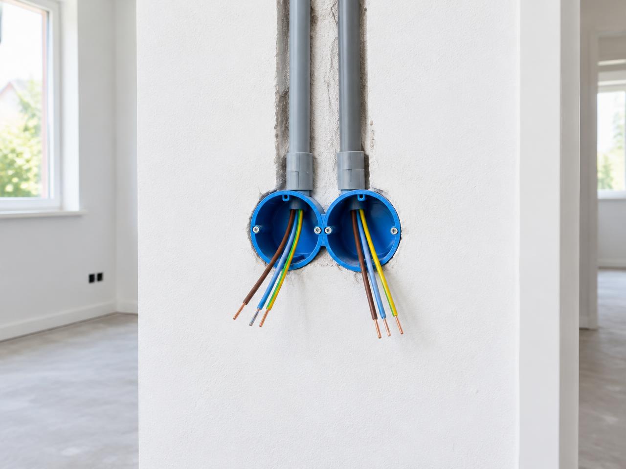 Elektrische installaties Inbouwdozen met blauwe, bruine en geelgroene elektriciteitsdraden bij een woningrenovatie